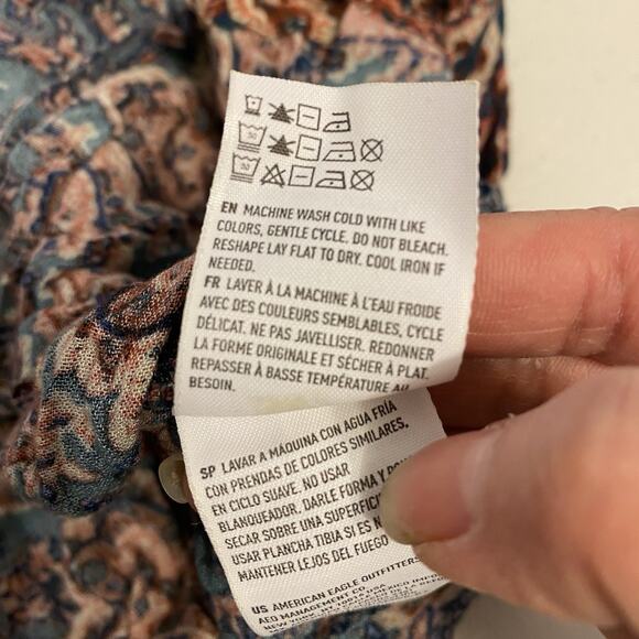 American Eagle Top Women L Smocked Brown Floral Bell Sleeve Y2K CottageCore Boho - Picture 6 of 8